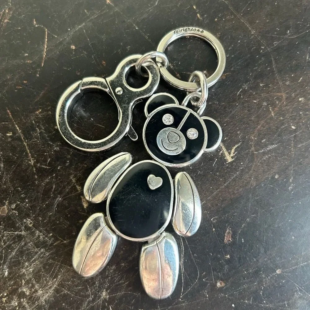 Brighton Articulated Teddy Bear Handbag Fob Keychain Rhinestones Black and Silve